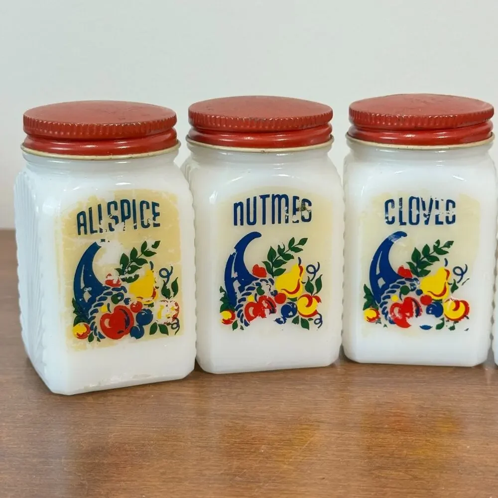 Vintage Frank Tea Spice Co Dove Milk Glass Spice Jar Set Cornucopia Red Lids 5pc
